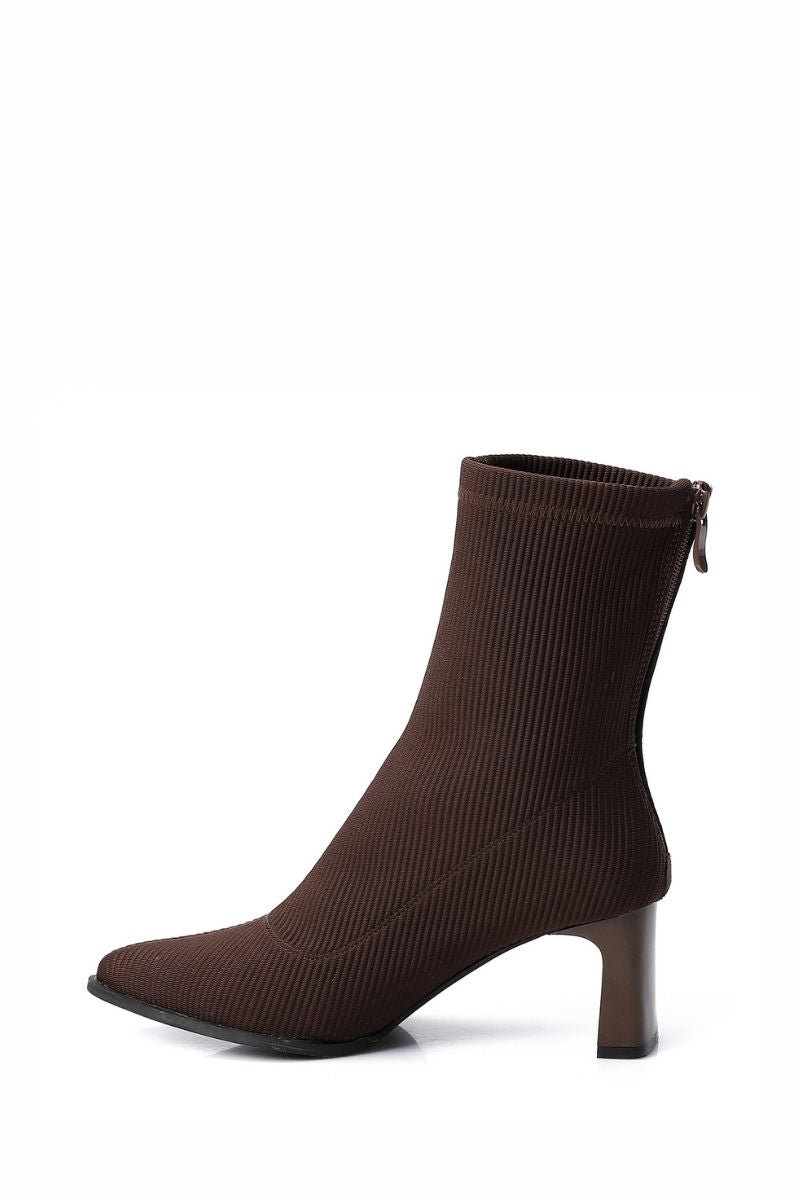 BROWN RIBBED STRETCHABLE ANKLE BOOT