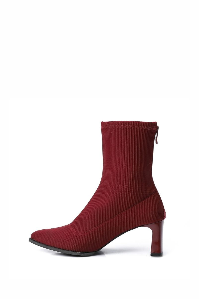 CHERRY RED RIBBED STRETCHABLE ANKLE BOOT