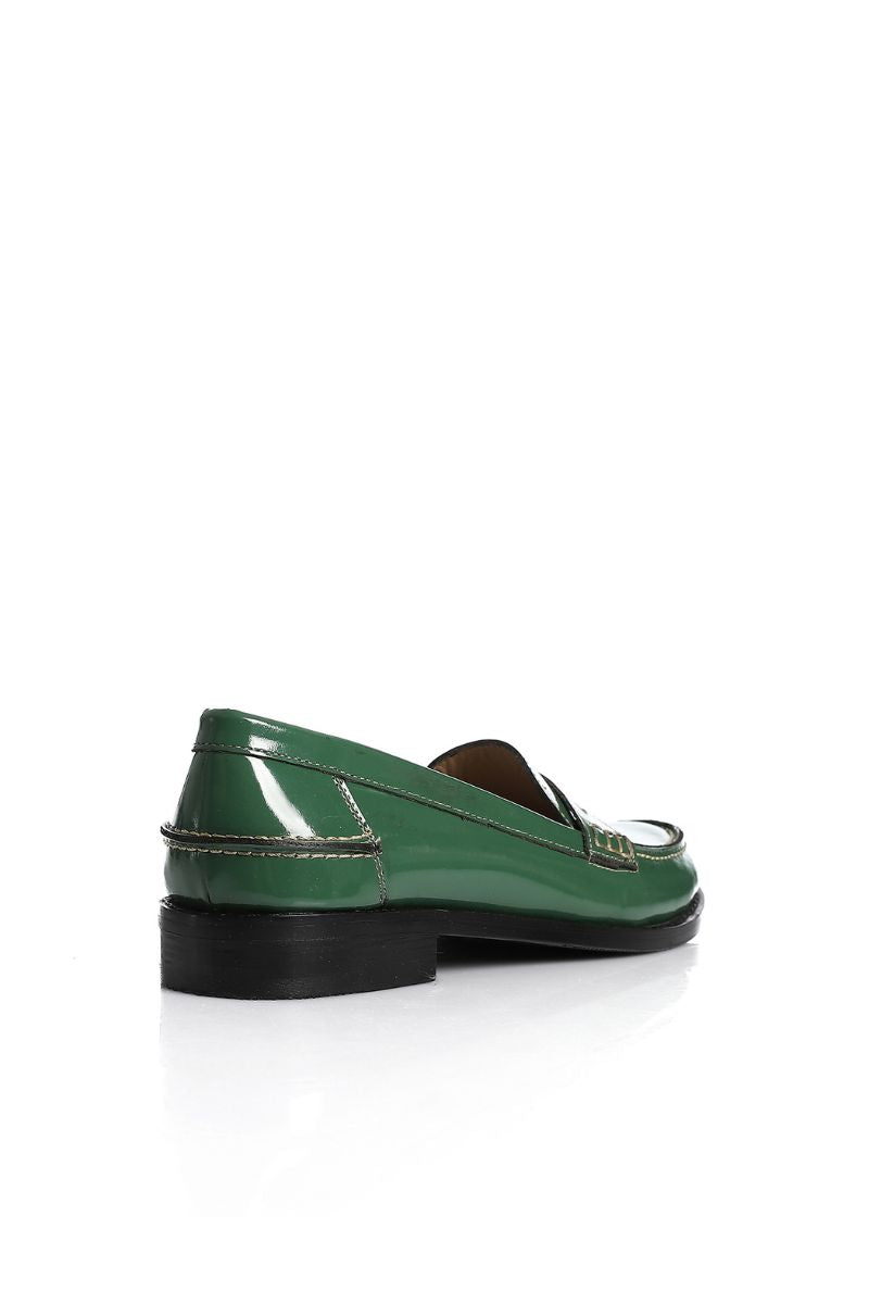 GREEN LEATHER PENNY LOAFERS