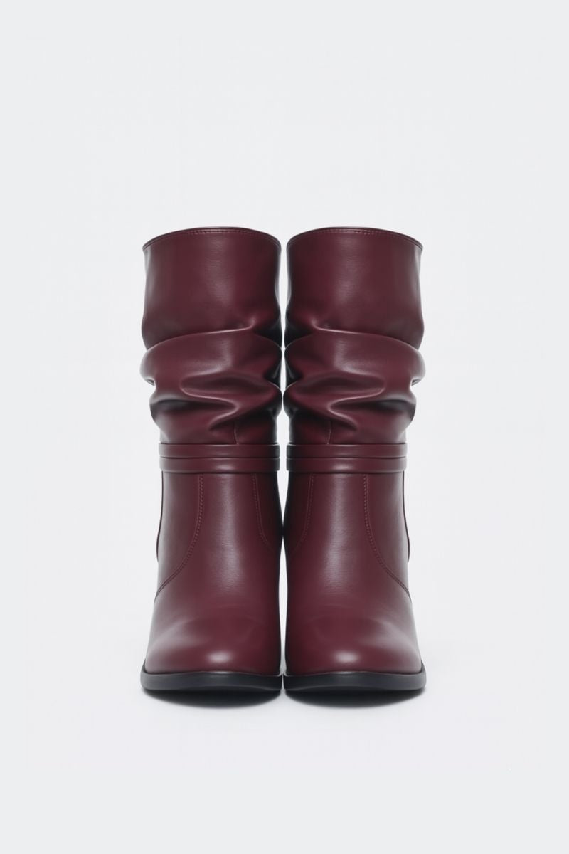 BURGUNDY SLOUCHY HEELED ANKLE BOOTS