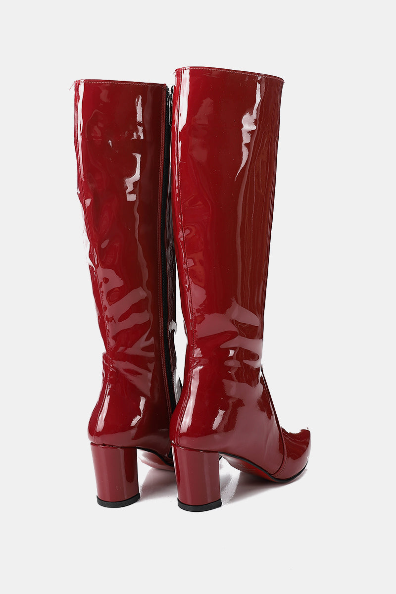 GLOSSY RED KNEE-HIGH BOOTS