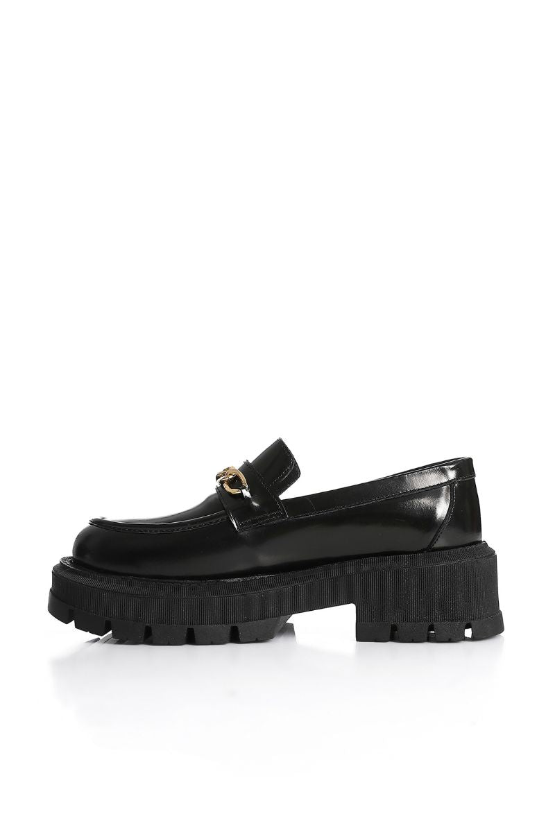 BLACK VERNE LEATHER CHUNKY CHAIN LOAFERS
