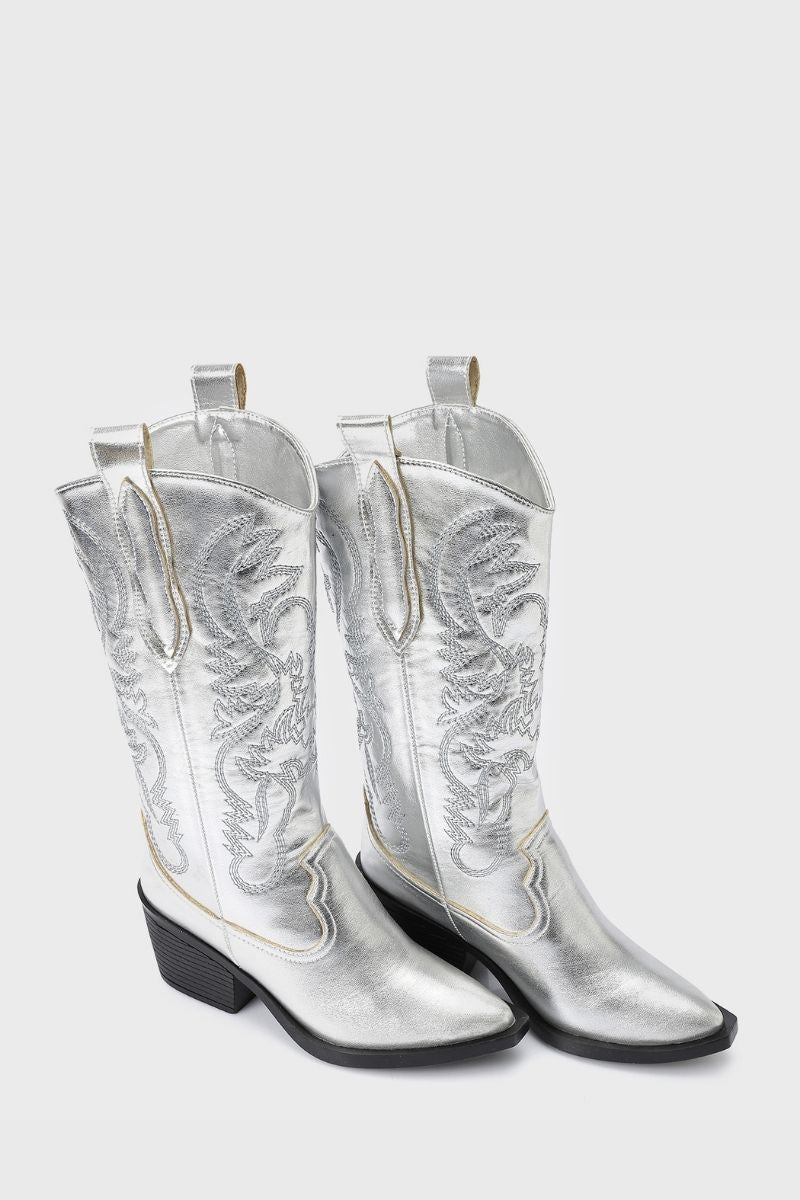 EMBROIDERED METALLIC SILVER COWBOY BOOTS