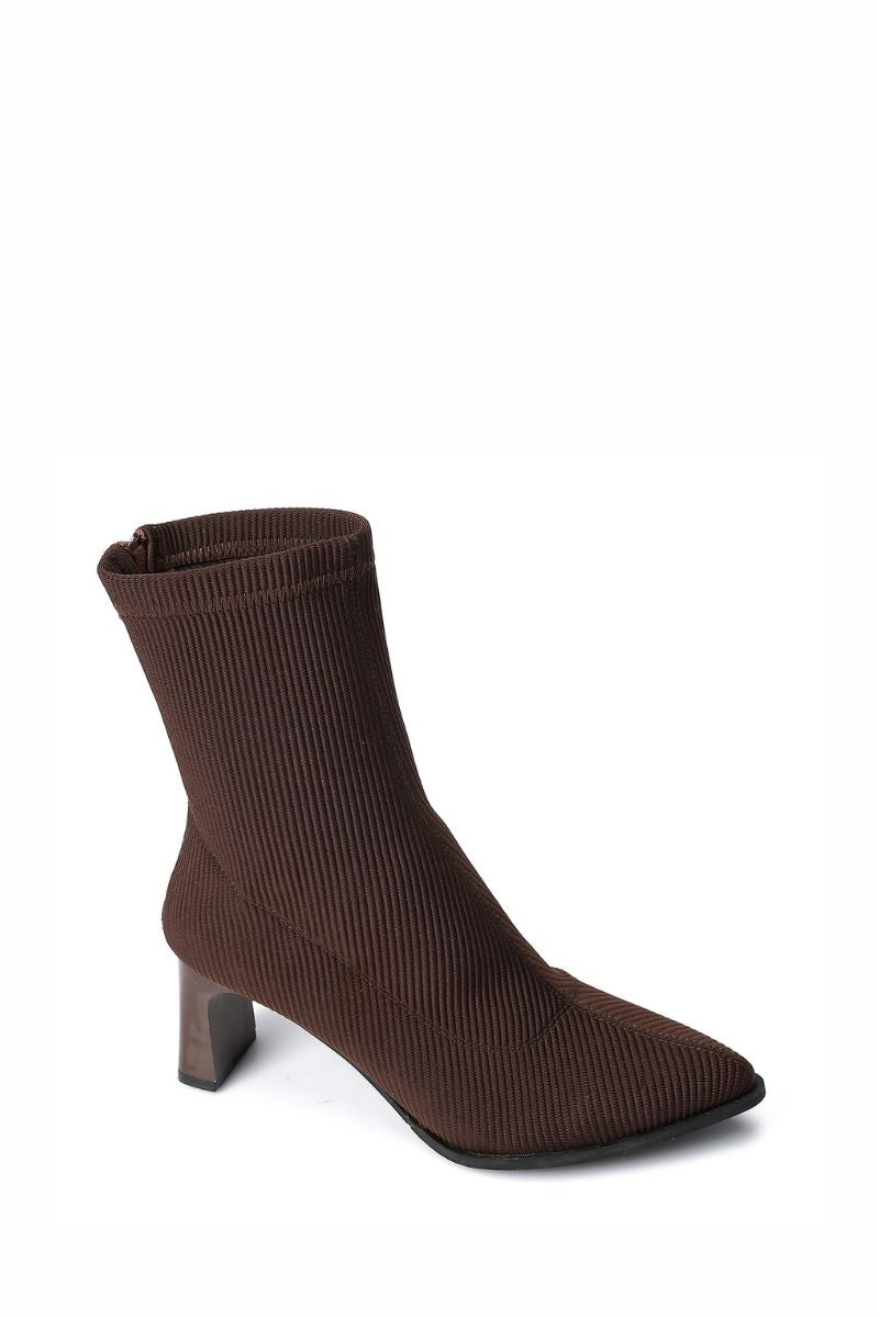 BROWN RIBBED STRETCHABLE ANKLE BOOT