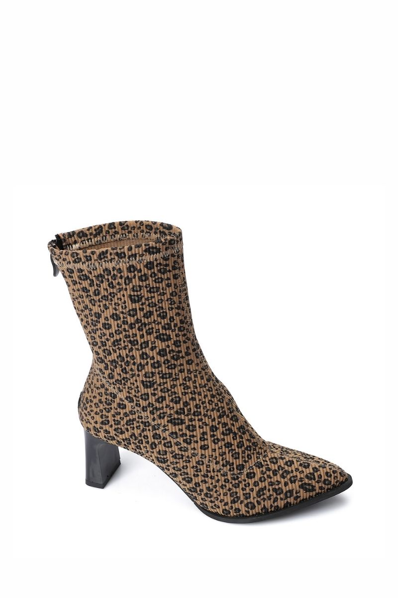 LEOPARD PRINT RIBBED STRETCHABLE ANKLE BOOT