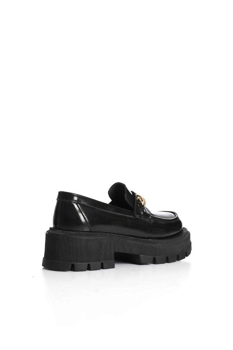 BLACK VERNE LEATHER CHUNKY CHAIN LOAFERS