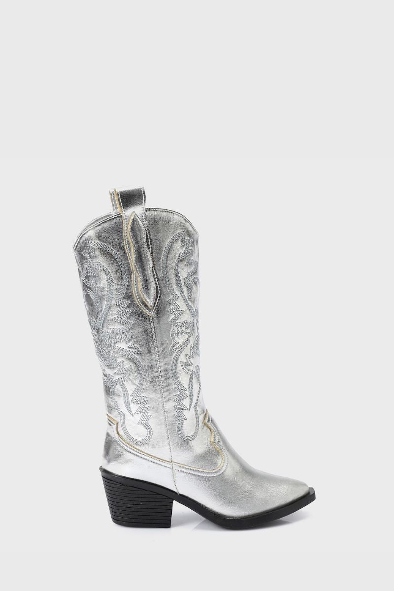 EMBROIDERED METALLIC SILVER COWBOY BOOTS