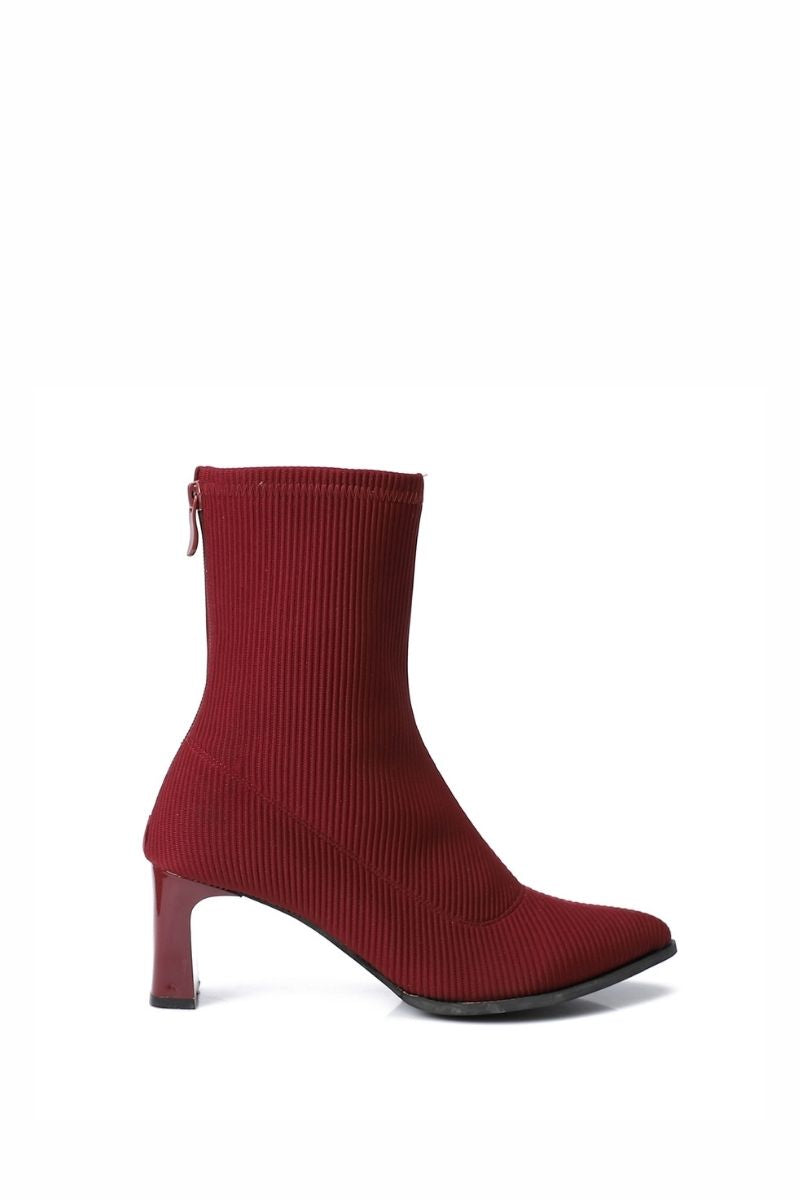 CHERRY RED RIBBED STRETCHABLE ANKLE BOOT