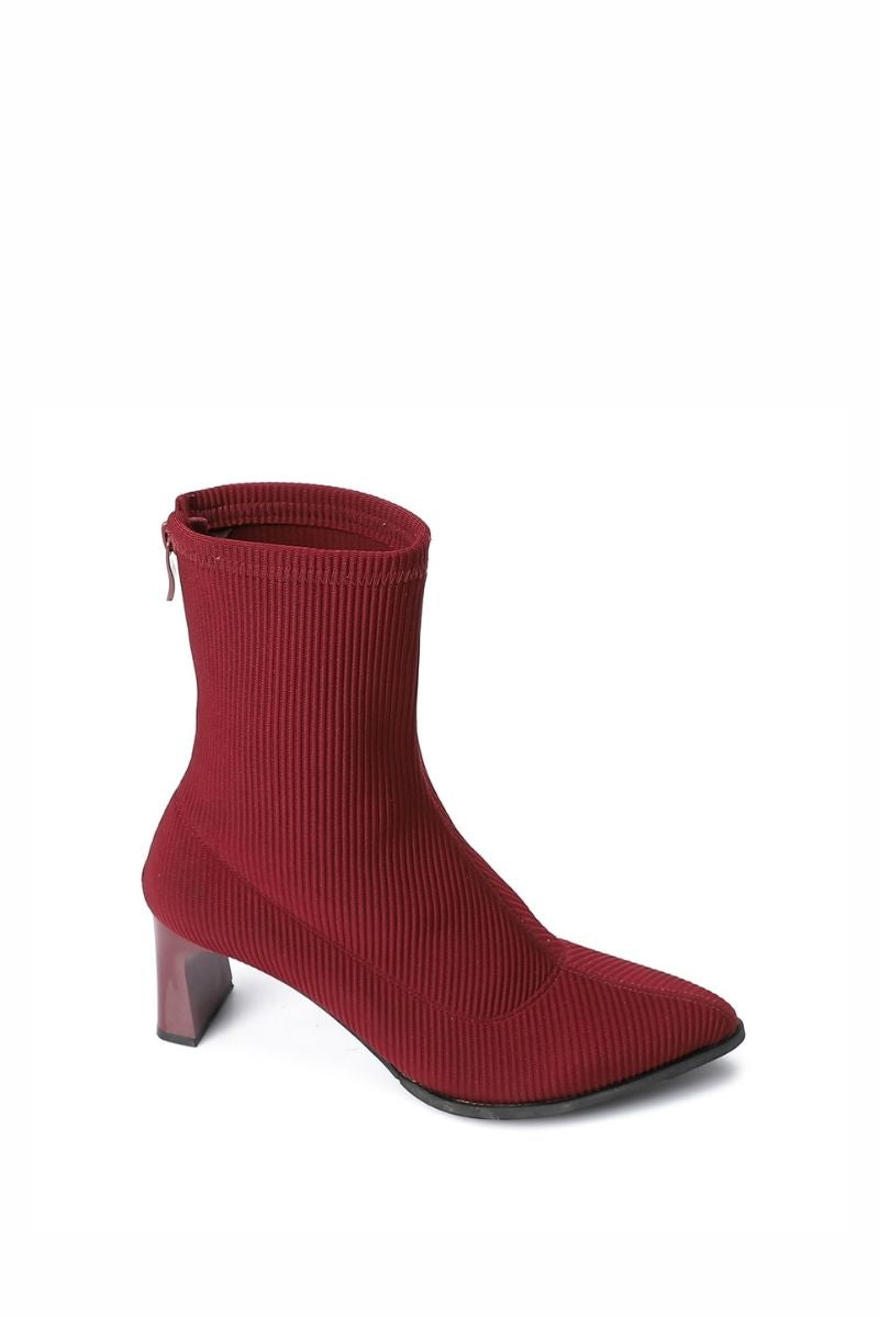 CHERRY RED RIBBED STRETCHABLE ANKLE BOOT