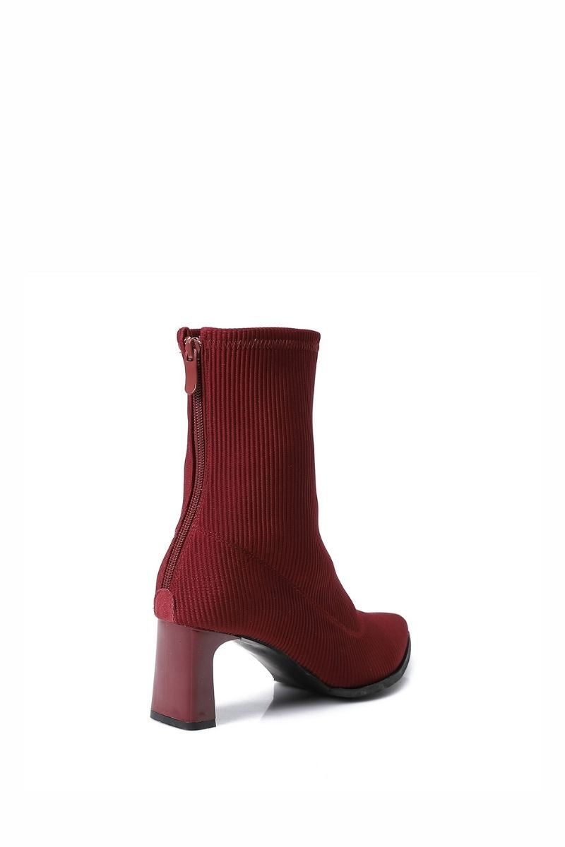CHERRY RED RIBBED STRETCHABLE ANKLE BOOT