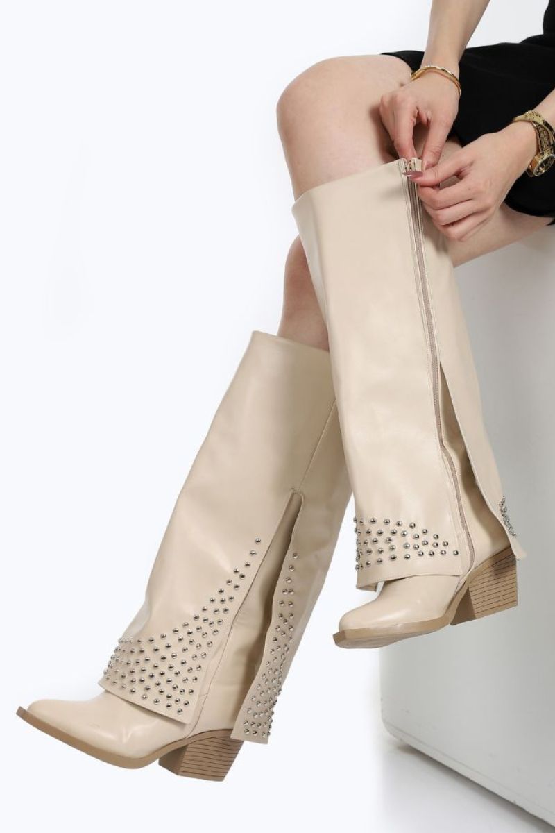 BEIGE LEATHER STUDDED OVERLAY BOOTS