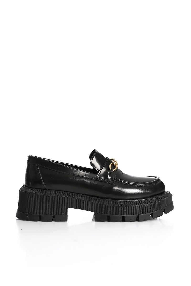 BLACK VERNE LEATHER CHUNKY CHAIN LOAFERS