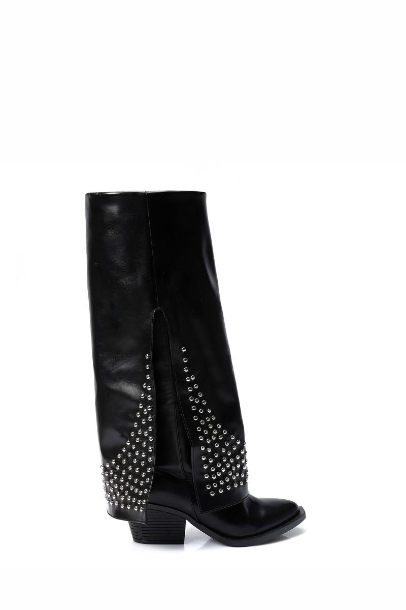 BLACK LEATHER STUDDED OVERLAY BOOTS
