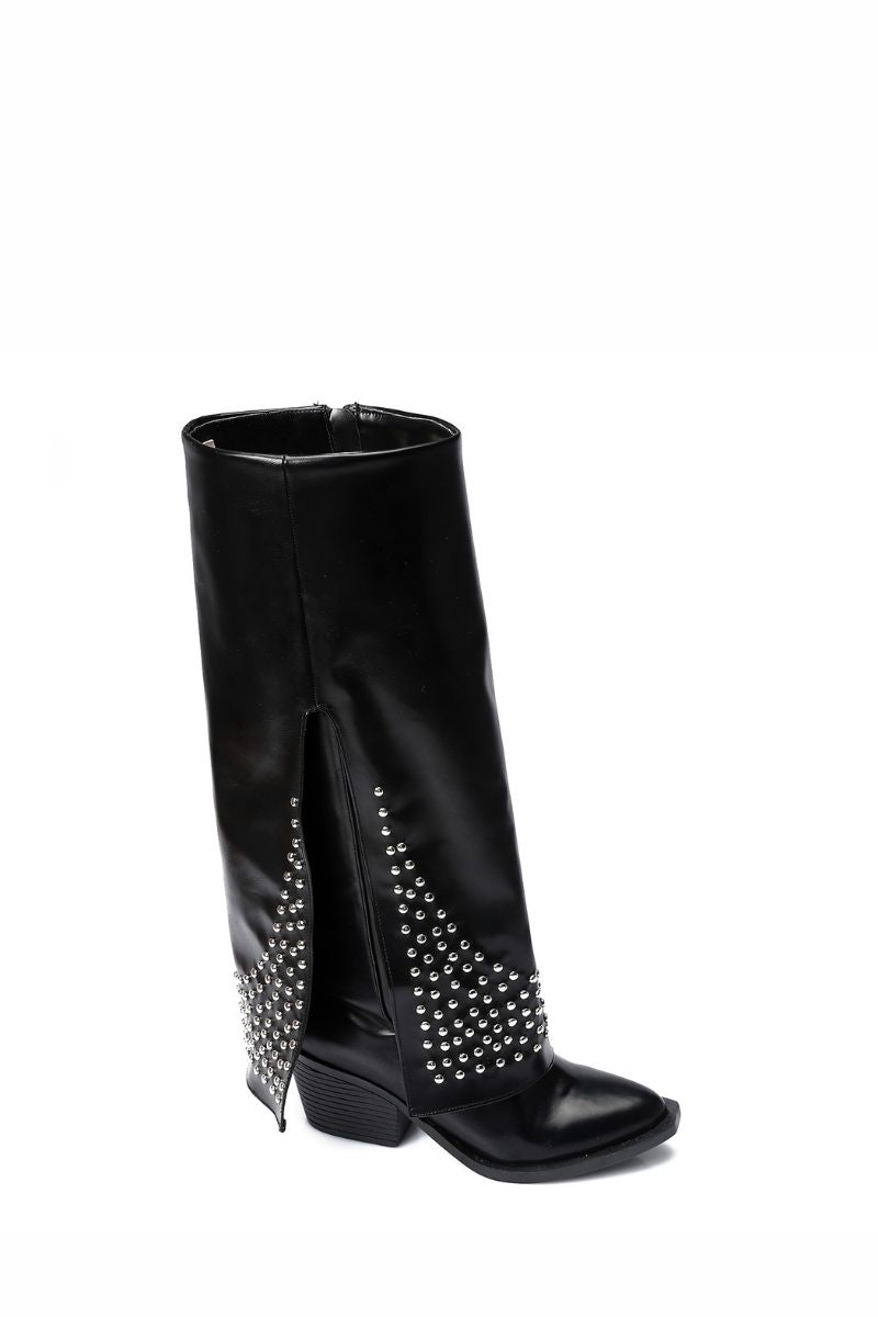 BLACK LEATHER STUDDED OVERLAY BOOTS