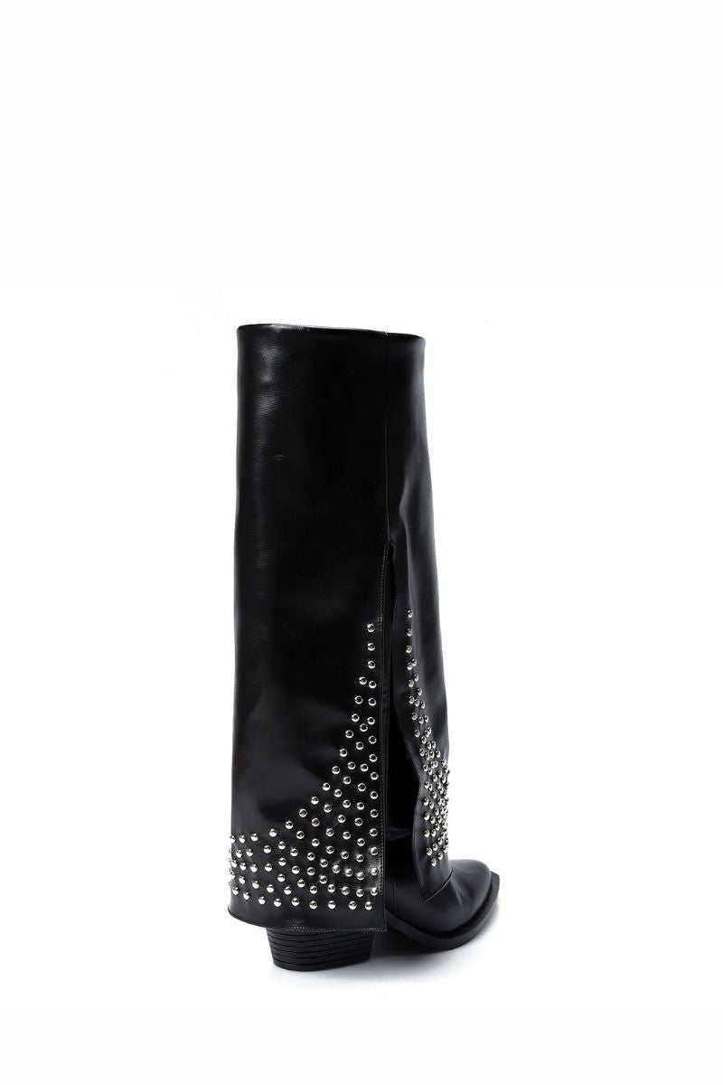 BLACK LEATHER STUDDED OVERLAY BOOTS