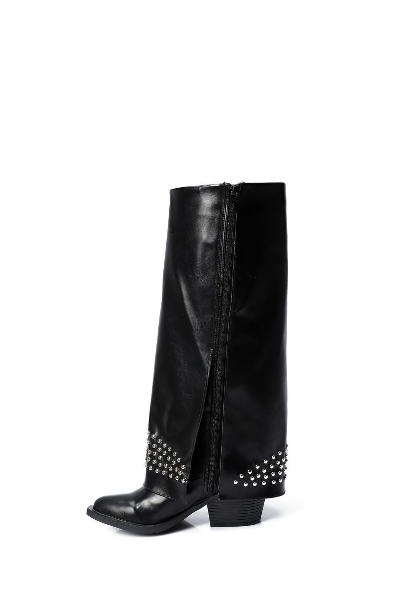 BLACK LEATHER STUDDED OVERLAY BOOTS