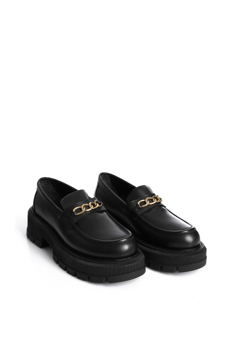 BLACK LEATHER CHUNKY CHAIN LOAFERS