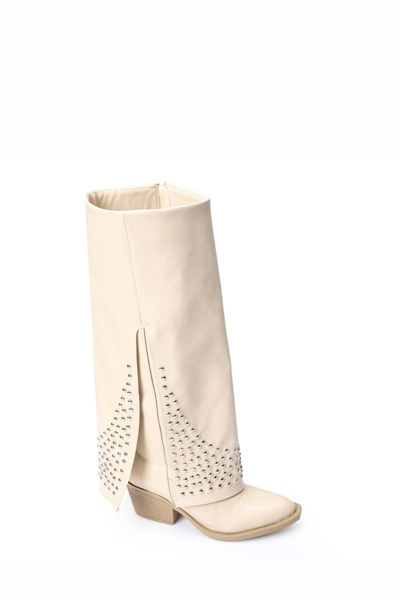 BEIGE LEATHER STUDDED OVERLAY BOOTS