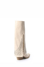 BEIGE LEATHER STUDDED OVERLAY BOOTS