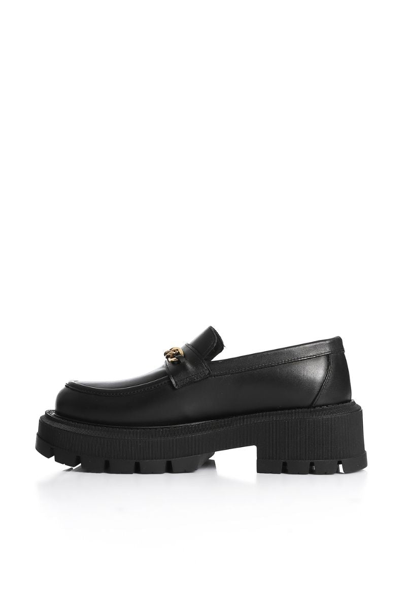 BLACK LEATHER CHUNKY CHAIN LOAFERS