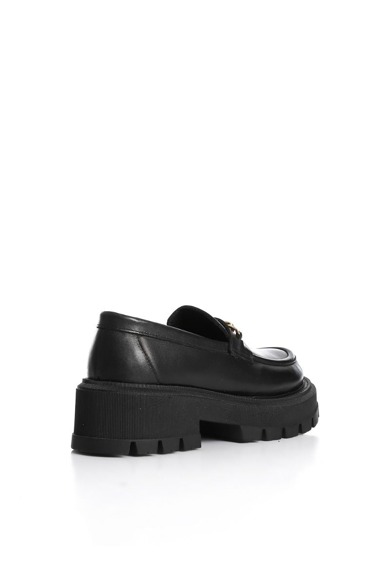 BLACK LEATHER CHUNKY CHAIN LOAFERS