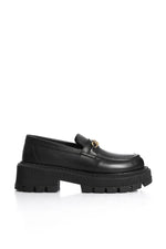 BLACK LEATHER CHUNKY CHAIN LOAFERS