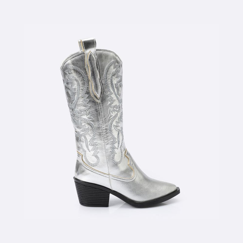Embroidered Metallic Silver Cowboy Boots