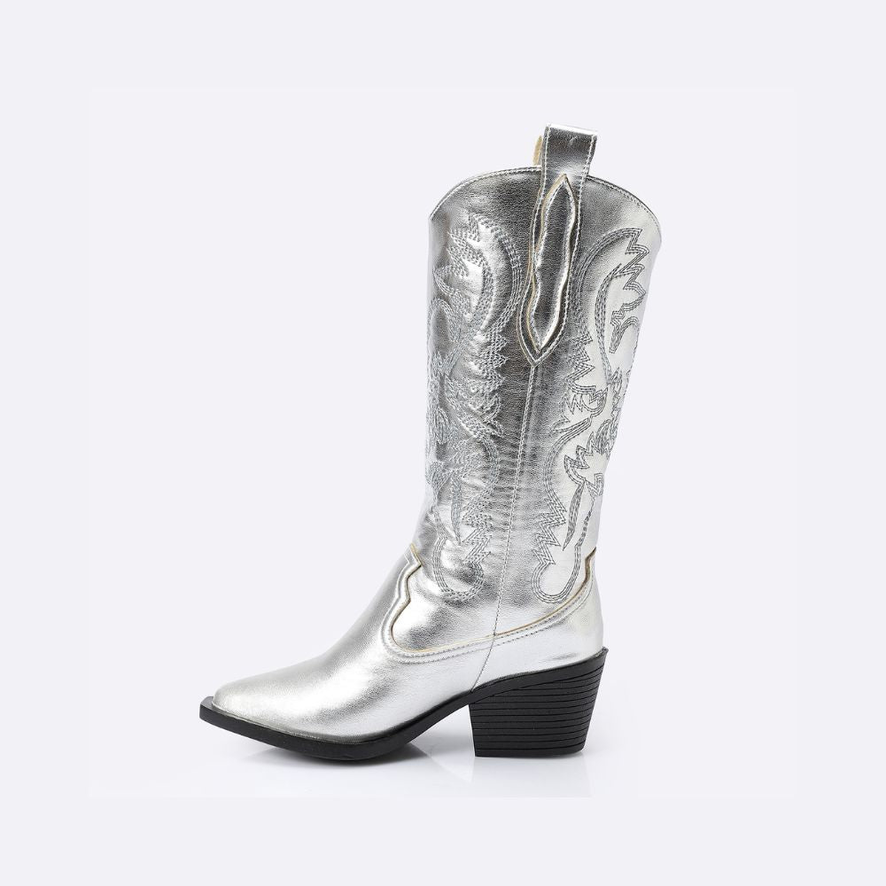 Embroidered Metallic Silver Cowboy Boots