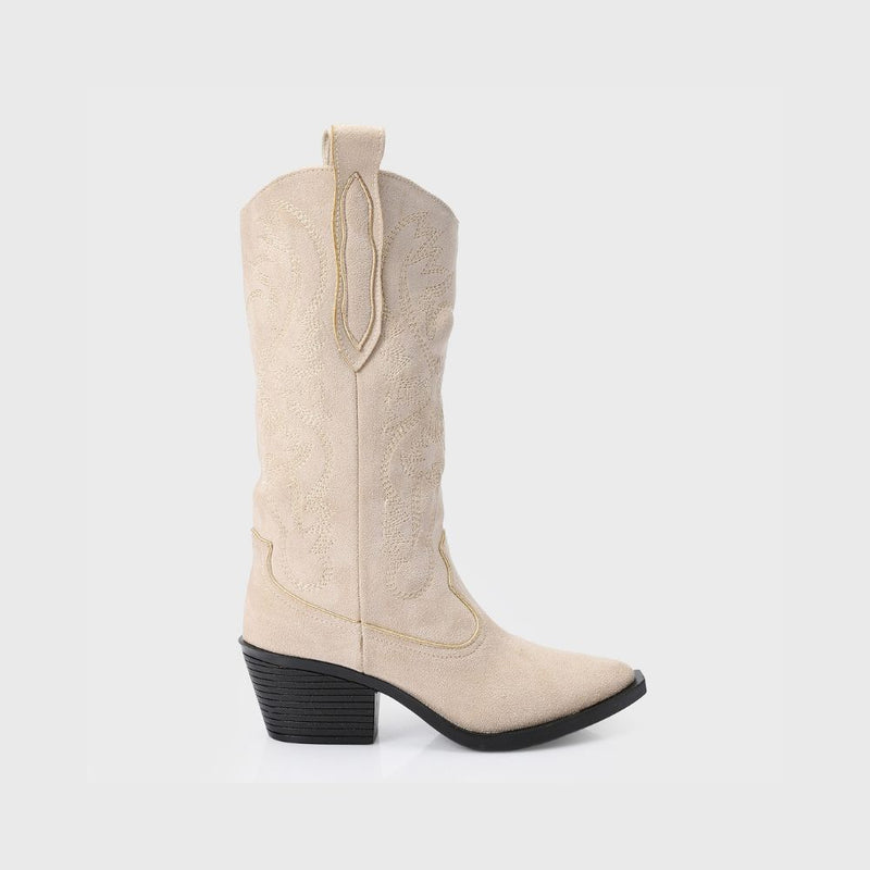 Embroidered Beige Cowboy Boots