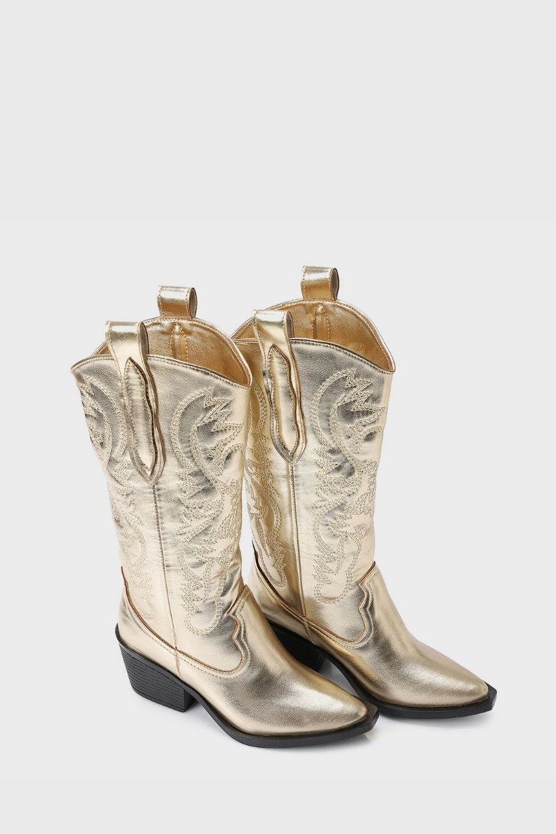 EMBROIDERED METALLIC GOLD COWBOY BOOTS