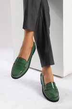 GREEN LEATHER PENNY LOAFERS