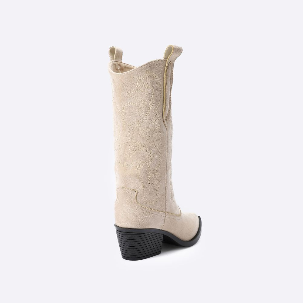 Embroidered Beige Cowboy Boots