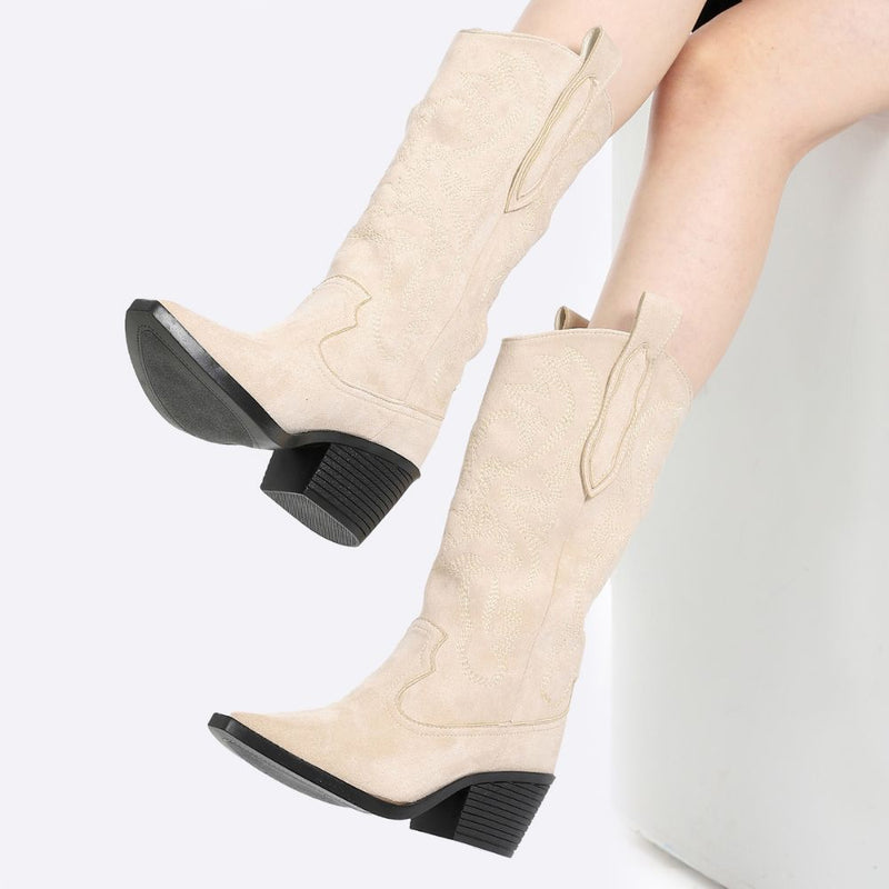 Embroidered Beige Cowboy Boots