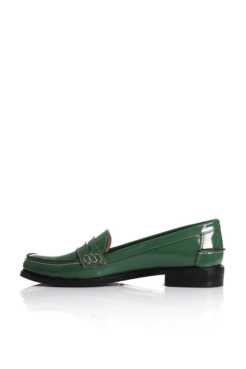 GREEN LEATHER PENNY LOAFERS