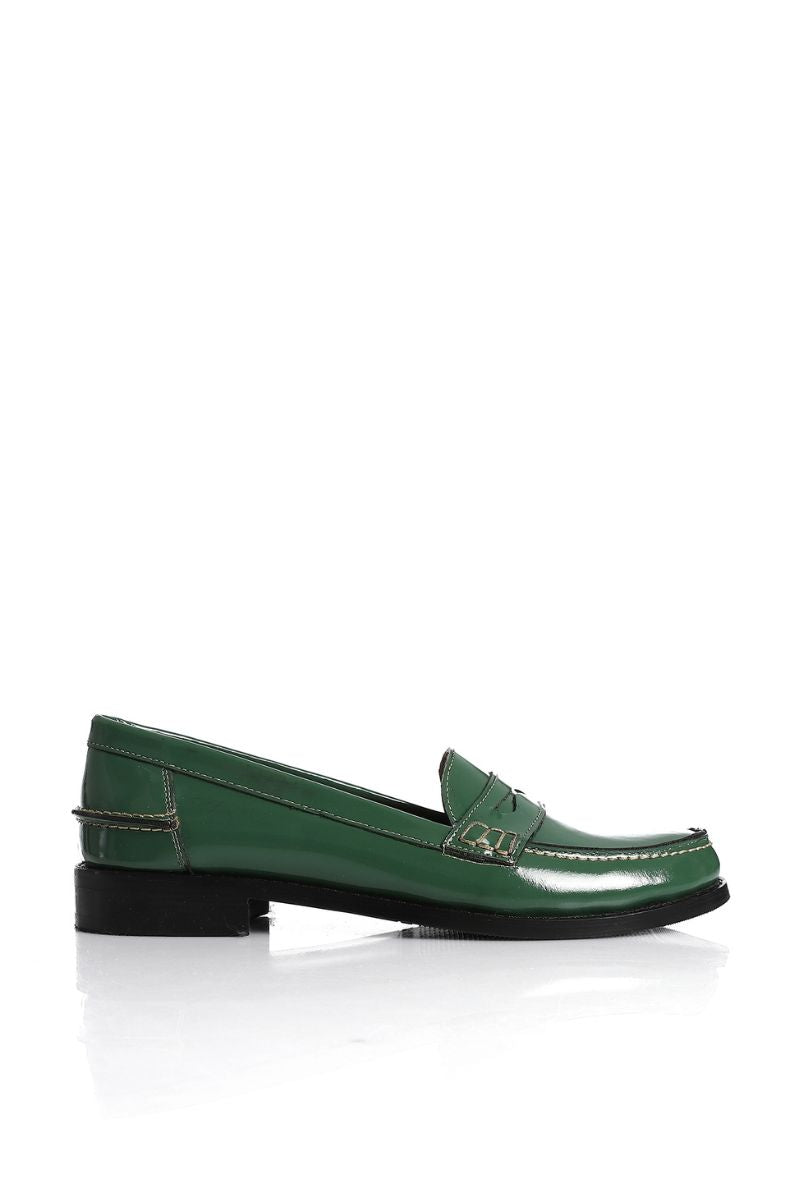 GREEN LEATHER PENNY LOAFERS