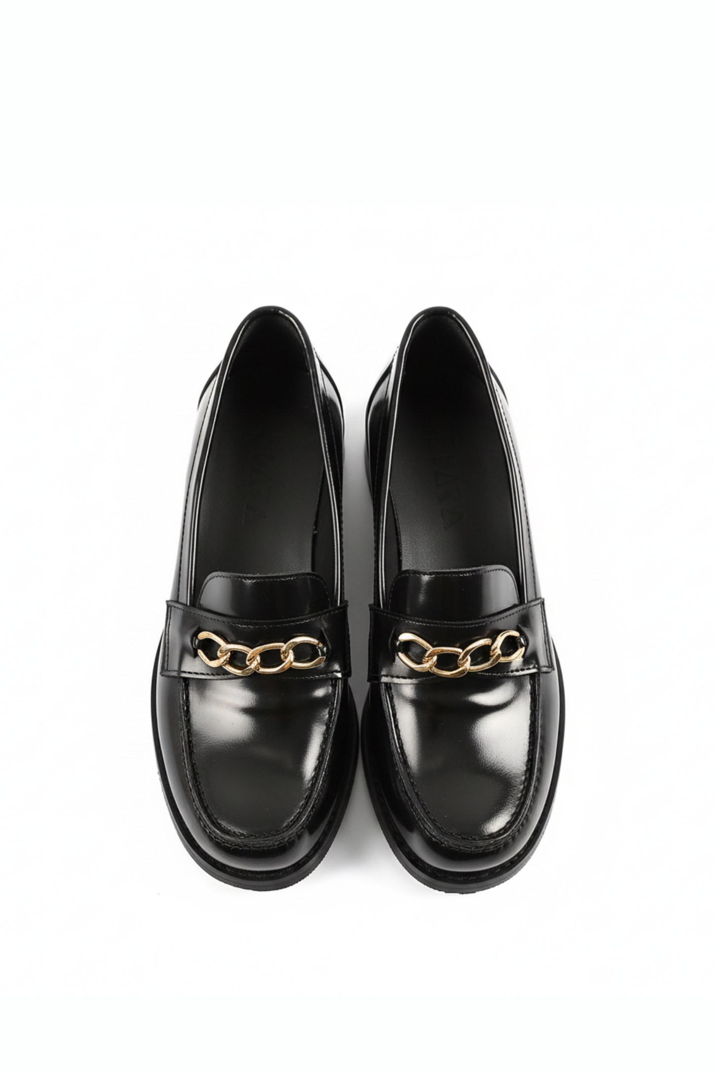 Black Leather Heeled Penny Chain Loafers
