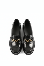 Black Leather Heeled Penny Chain Loafers