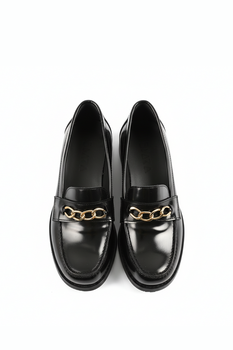 Black Leather Heeled Penny Chain Loafers