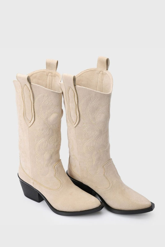 Embroidered Beige Cowboy Boots