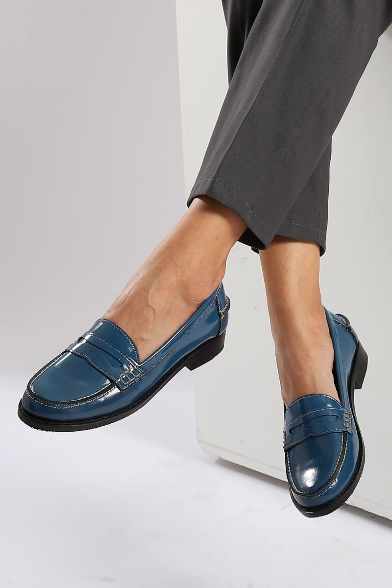 BLUE LEATHER PENNY LOAFERS