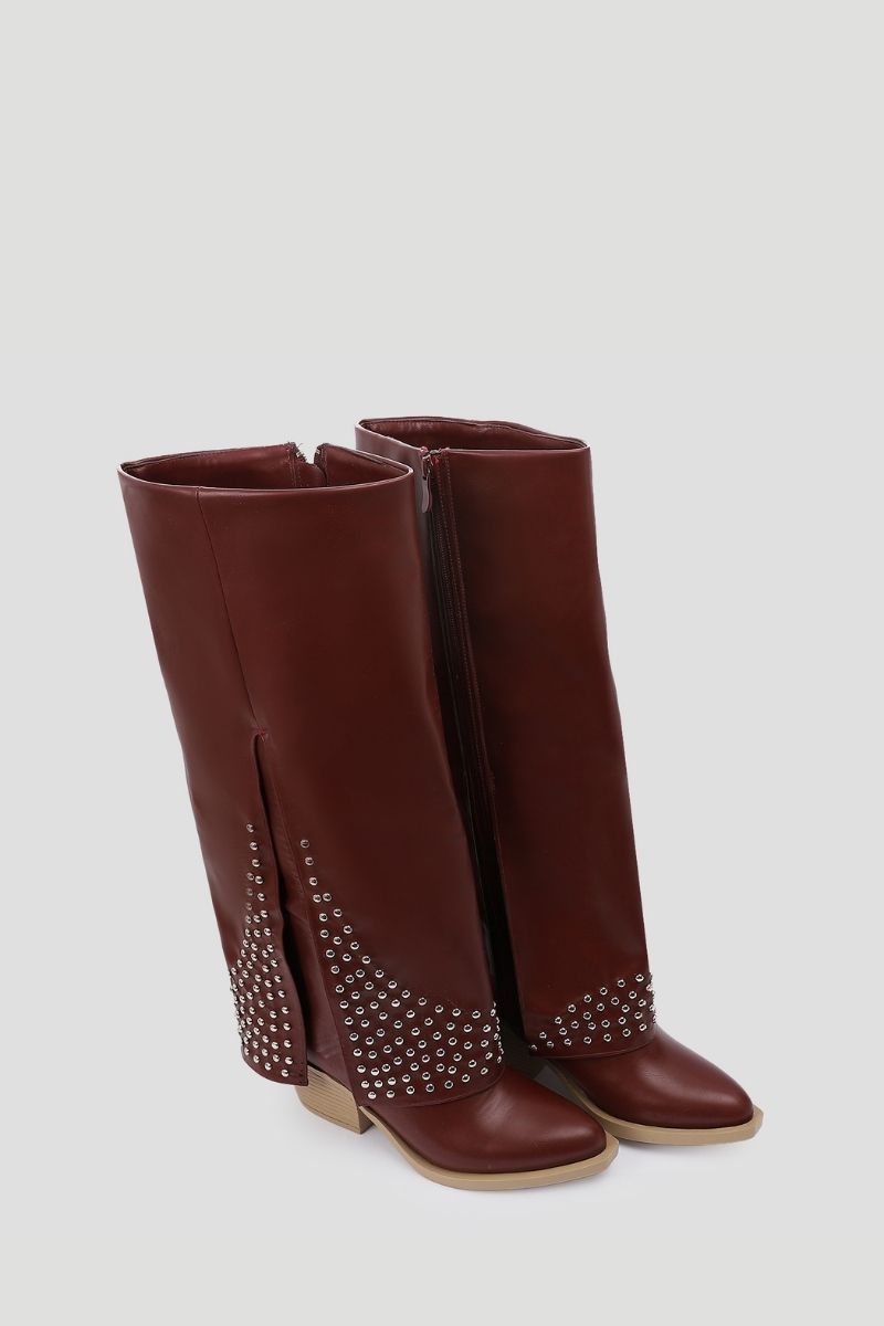 BURGUNDY LEATHER STUDDED OVERLAY BOOTS