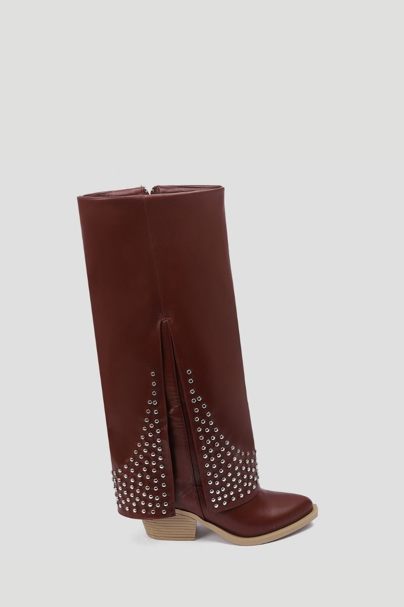BURGUNDY LEATHER STUDDED OVERLAY BOOTS