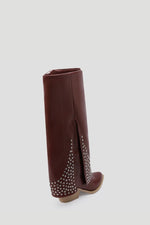 BURGUNDY LEATHER STUDDED OVERLAY BOOTS