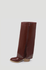 BURGUNDY LEATHER STUDDED OVERLAY BOOTS