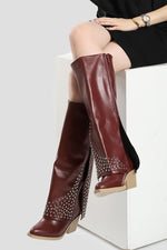 BURGUNDY LEATHER STUDDED OVERLAY BOOTS