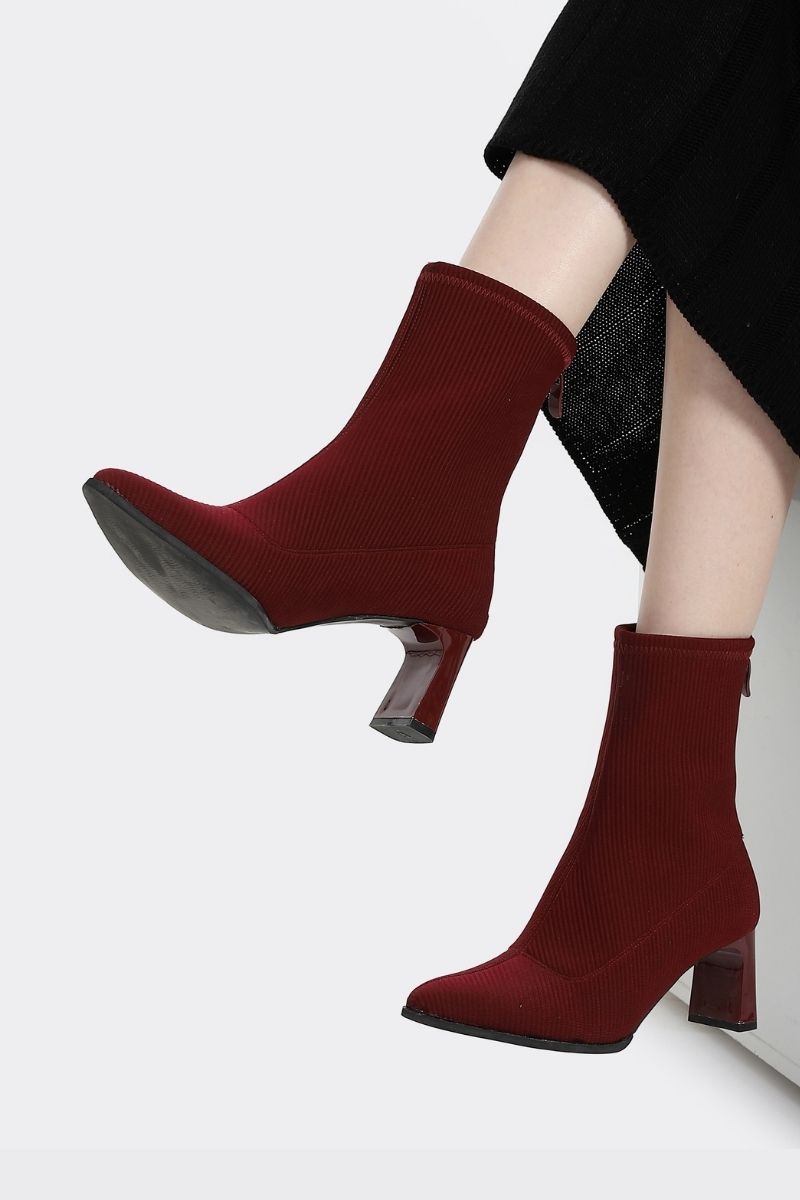 CHERRY RED RIBBED STRETCHABLE ANKLE BOOT