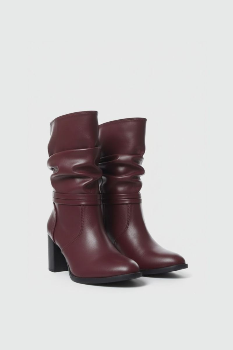 BURGUNDY SLOUCHY HEELED ANKLE BOOTS