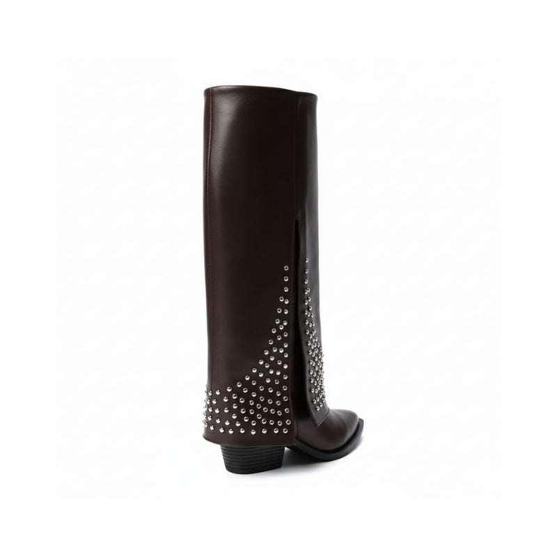 BROWN LEATHER STUDDED OVERLAY BOOTS