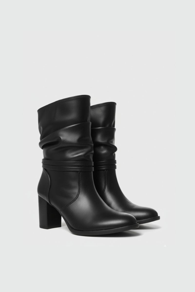 BLACK SLOUCHY HEELED ANKLE BOOTS