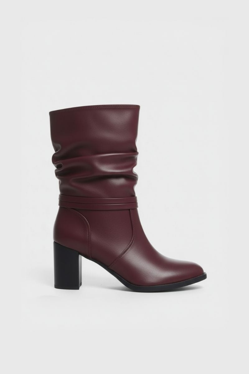 BURGUNDY SLOUCHY HEELED ANKLE BOOTS